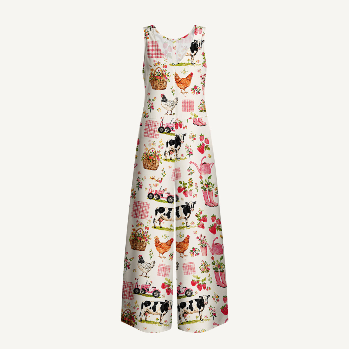 Watercolor Pink Farm Cow Chicken Print Jumpsuit with Pockets for Women