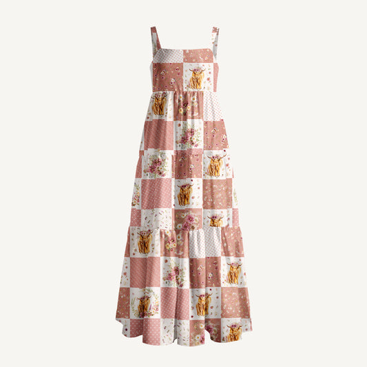 Highland Cow Patchwork Print Wide Straps Maxi Dress With Pockets