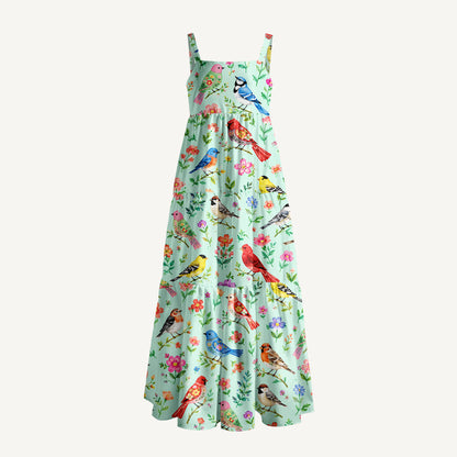 Colorful Songbird Garden Print Wide Straps Maxi Dress With Pockets
