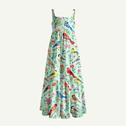 Colorful Songbird Garden Print Wide Straps Maxi Dress With Pockets