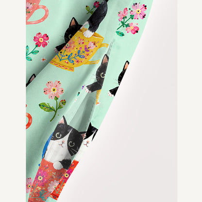 Cute Teacup Kitten Print Wide Straps Maxi Dress With Pockets
