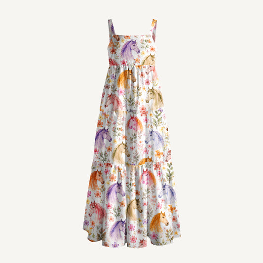 Western Whimsical Horses Watercolor Print Wide Straps Maxi Dress With Pockets