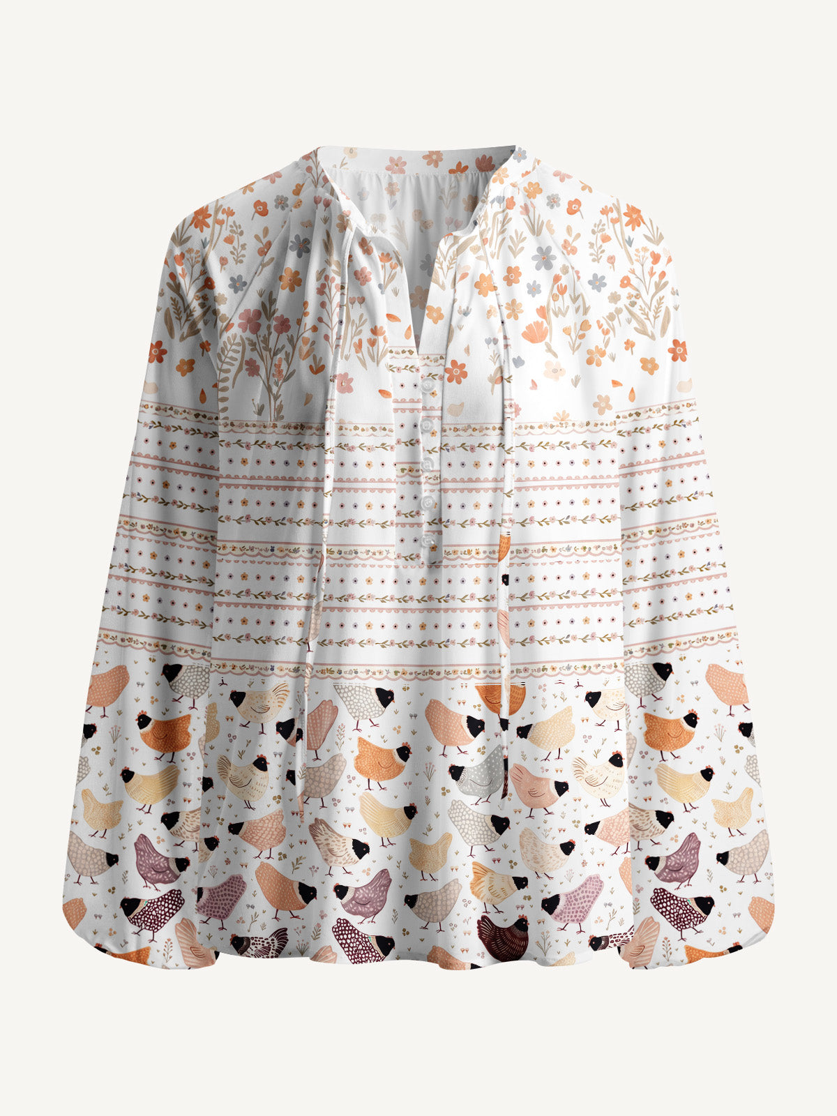 Warm Garden Little Chick Print Boho Long Sleeve Tie‑Neck Blouse