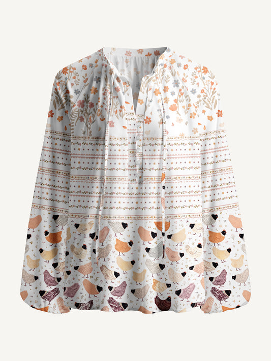 Warm Garden Little Chick Print Boho Long Sleeve Tie‑Neck Blouse