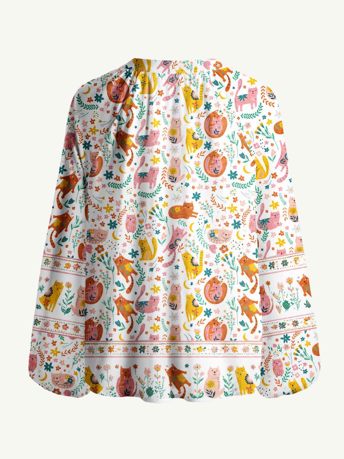 Floral Cozy Cat Print Boho Long Sleeve Tie‑Neck Blouse