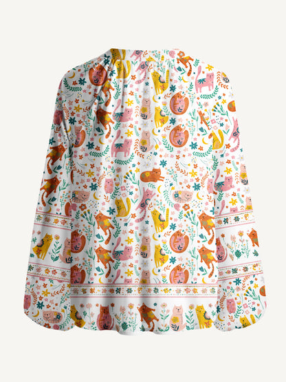 Floral Cozy Cat Print Boho Long Sleeve Tie‑Neck Blouse