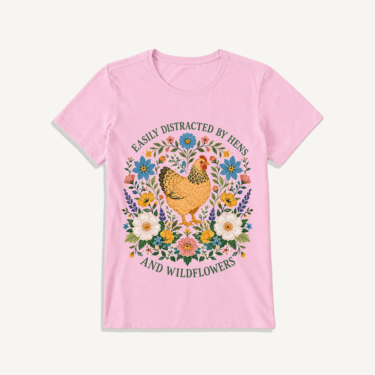 Hen and Wildflowers Cottage Print Crew Neck Cotton Tee