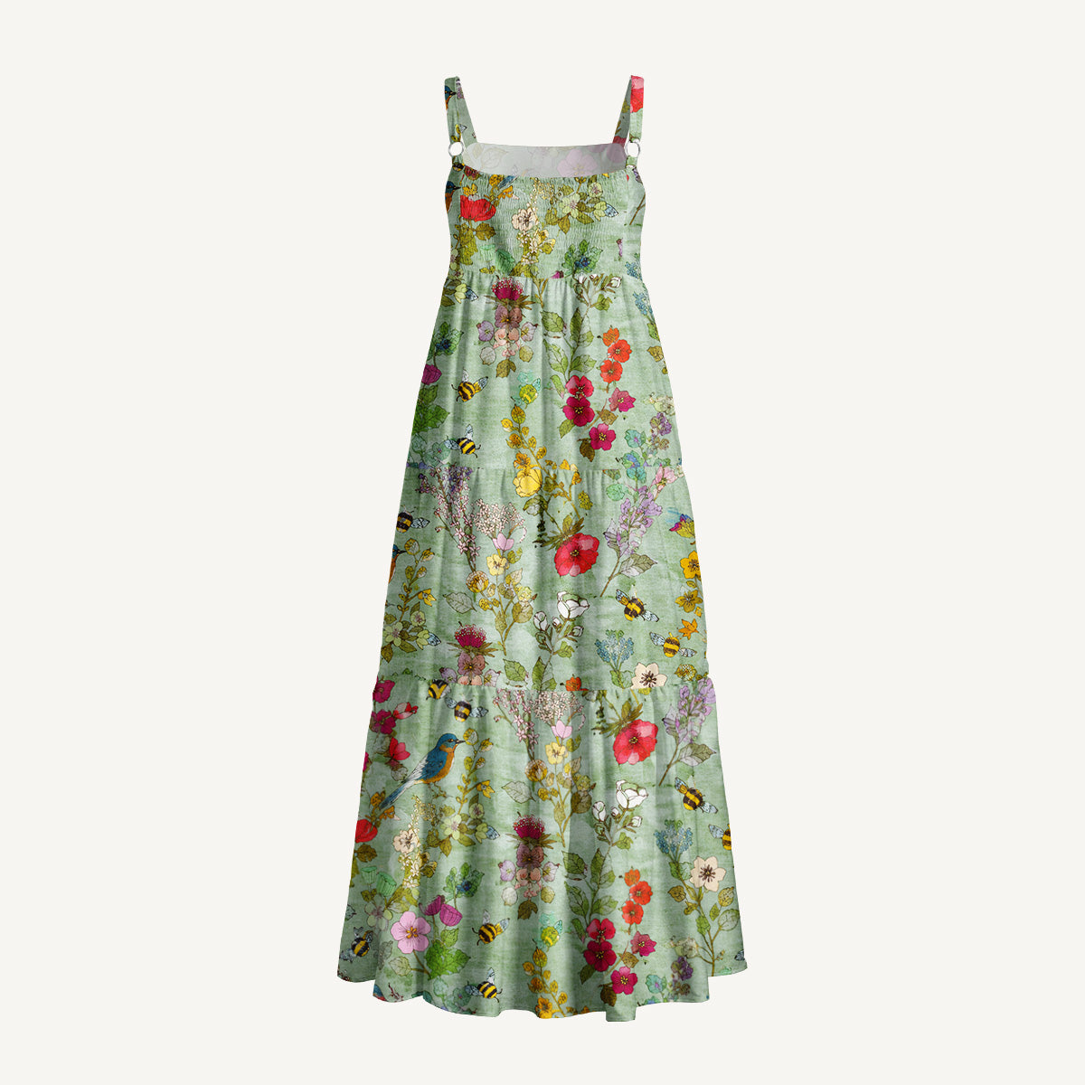 Hummingbirds and Bees Print Wide Straps Maxi Dress With Pockets