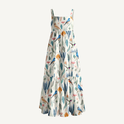 Romantic Nature Birds Print Wide Straps Maxi Dress With Pockets