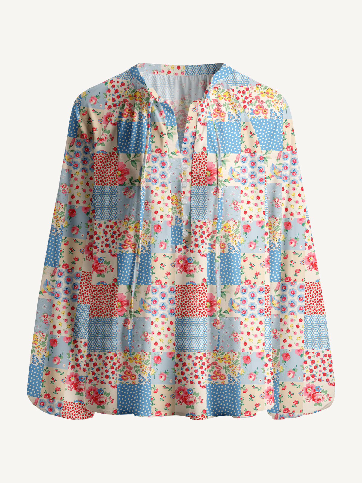 Square Neck Pastel Patc Print Boho Long Sleeve Tie‑Neck Blouse