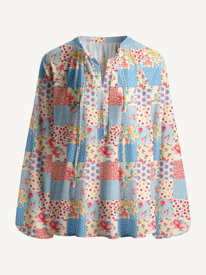 Square Neck Pastel Patc Print Boho Long Sleeve Tie‑Neck Blouse