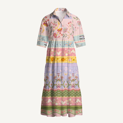 V Neck Collared Romantic Floral Ribbon Stripes Print Casual Midi Dress With Pockets