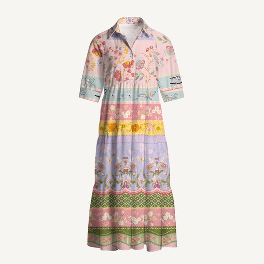 V Neck Collared Romantic Floral Ribbon Stripes Print Casual Midi Dress With Pockets