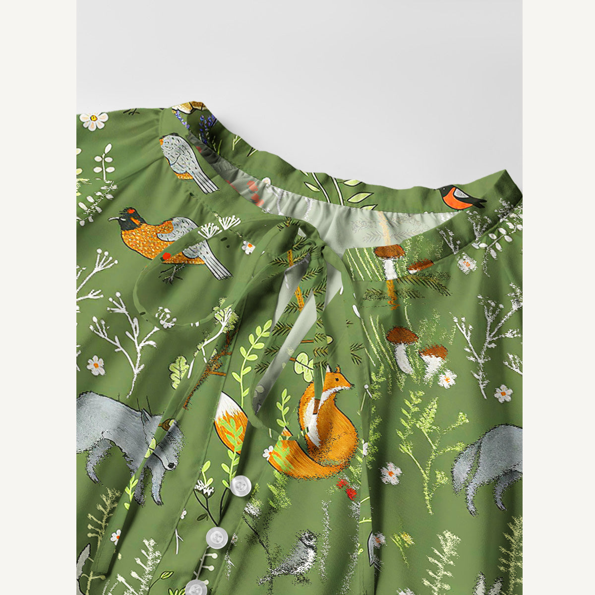 Whimsical Woodland Animals Print Boho Tie‑Neck Smock Mini Dress