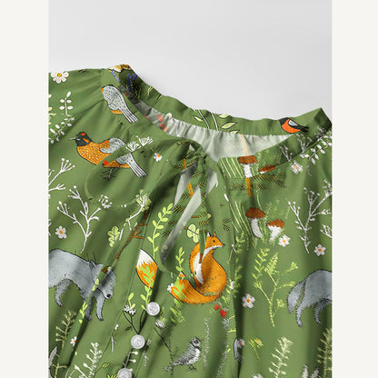 Whimsical Woodland Animals Print Boho Tie‑Neck Smock Mini Dress