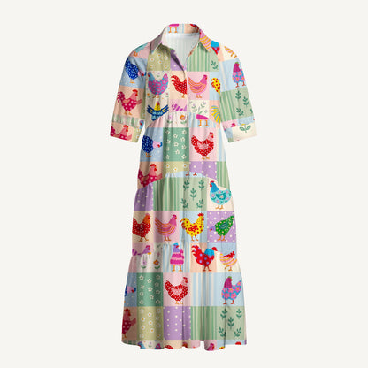 V Neck Collared Country Patchwork Chicken Print Casual Midi Dress With Pockets
