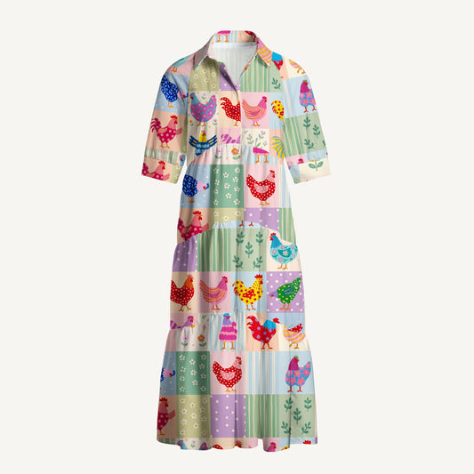 V Neck Collared Country Patchwork Chicken Print Casual Midi Dress With Pockets