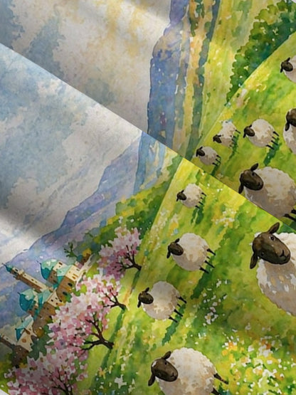 Spring Meadow Sheep and Blossoms Landscape Print Wide Straps Maxi Dress With Pockets