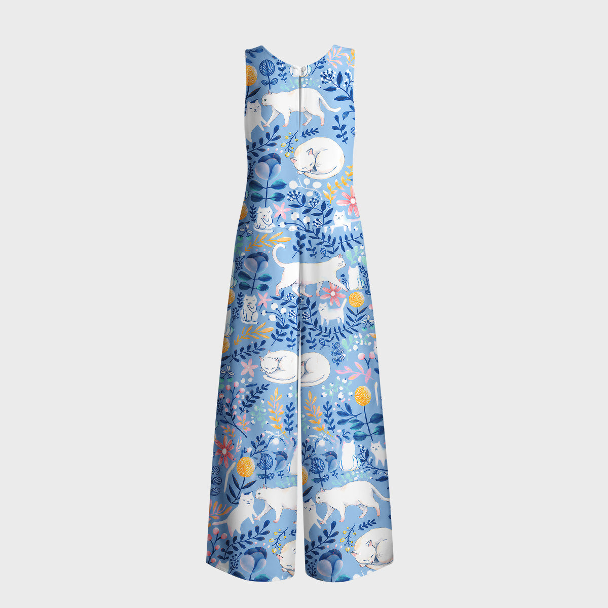 Blue Leaf Cat Print Boho Jumpsuit with Pockets for Women
