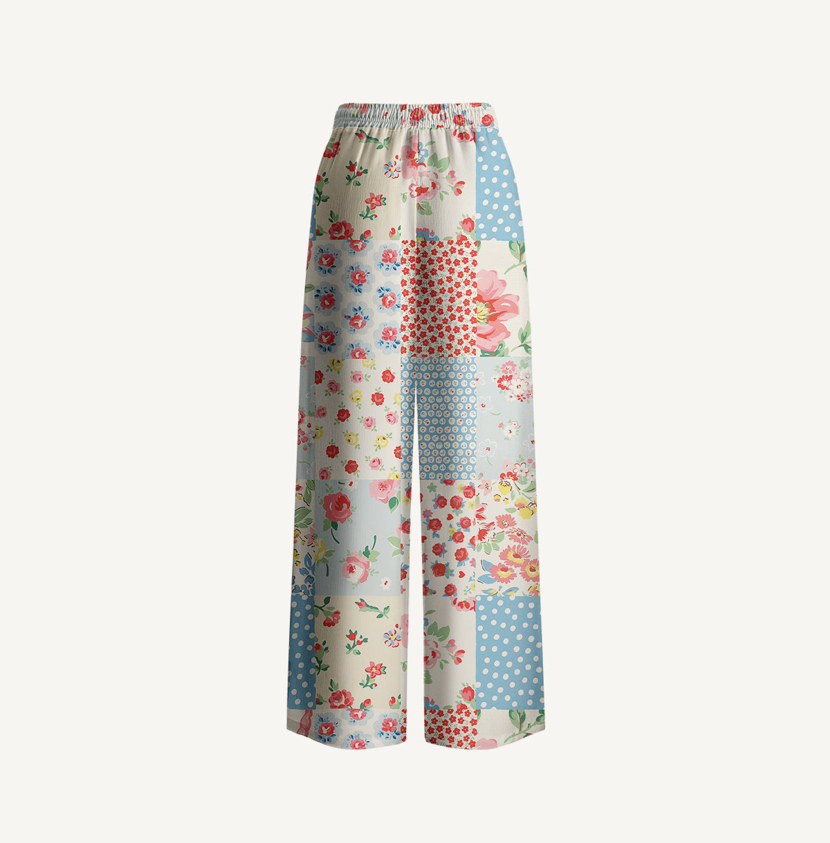 Pastel Patc Print Wide Leg Tie Waist Pants With Pockets