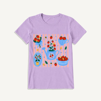 Strawberry Garden Harvest Print Crew Neck Cotton Tee