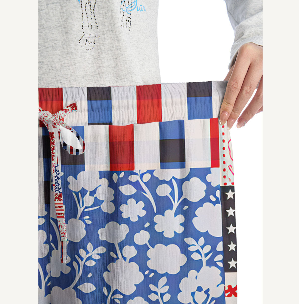 Patriotic Patchwork Print Wide Leg Tie Waist Pants With Pockets
