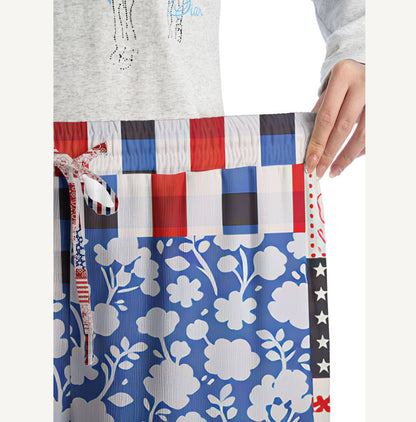 Patriotic Patchwork Print Wide Leg Tie Waist Pants With Pockets