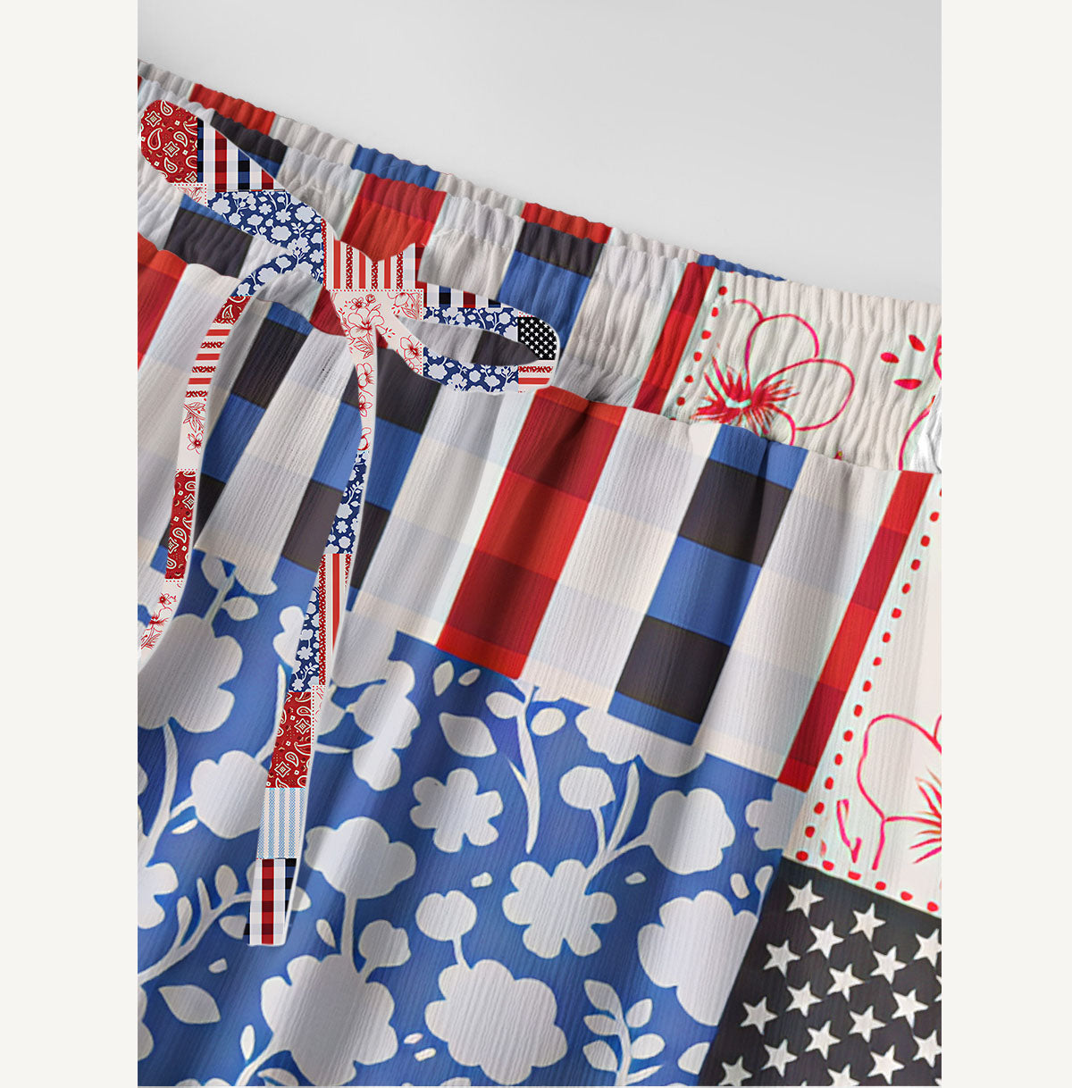 Patriotic Patchwork Print Wide Leg Tie Waist Pants With Pockets