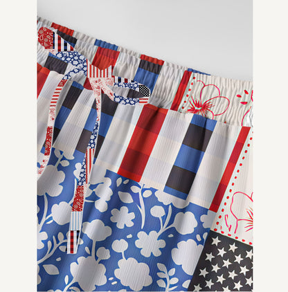 Patriotic Patchwork Print Wide Leg Tie Waist Pants With Pockets