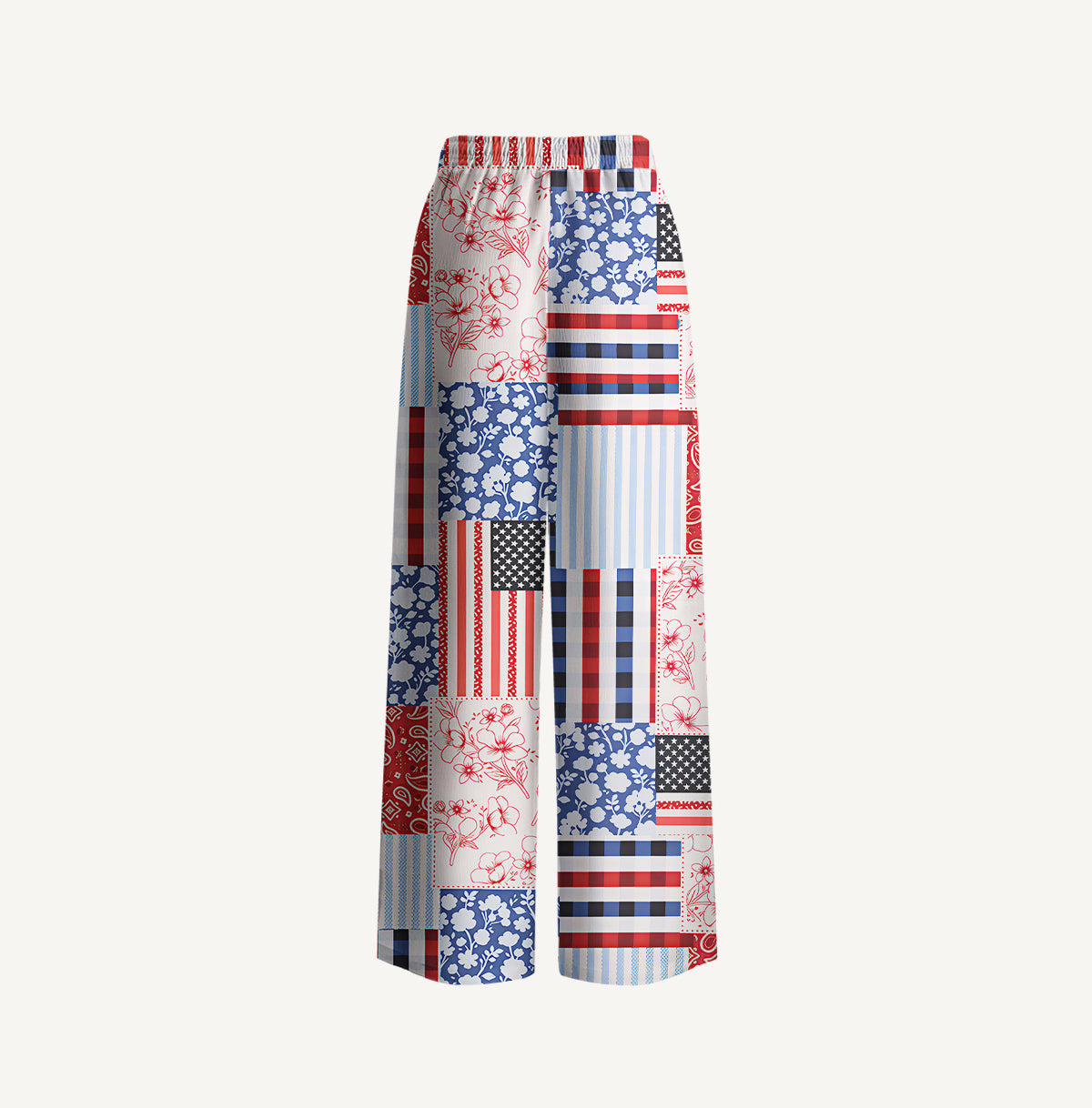 Patriotic Patchwork Print Wide Leg Tie Waist Pants With Pockets