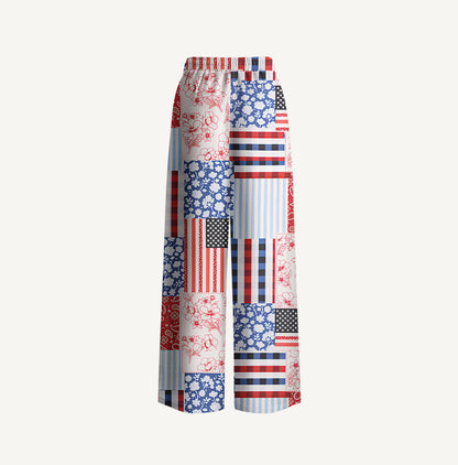 Patriotic Patchwork Print Wide Leg Tie Waist Pants With Pockets