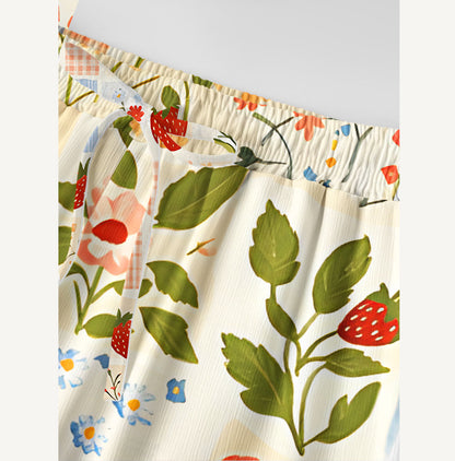 Strawberry Garden Patchwork Print Wide Leg Tie Waist Pants With Pockets