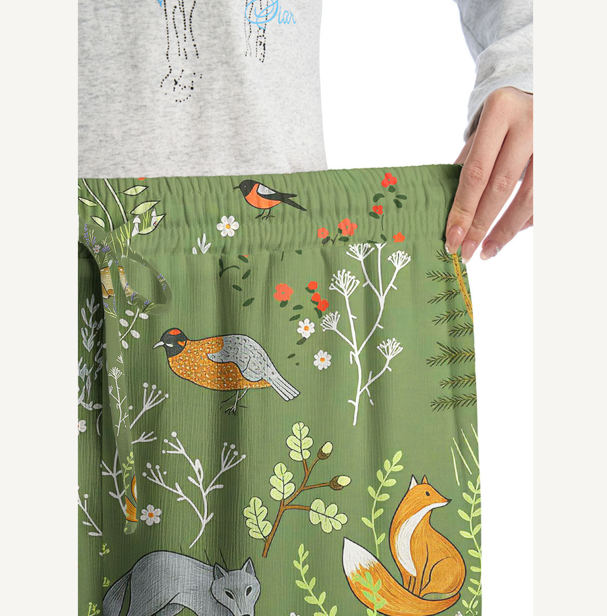 Whimsical Woodland Animals Print Wide Leg Tie Waist Pants With Pockets