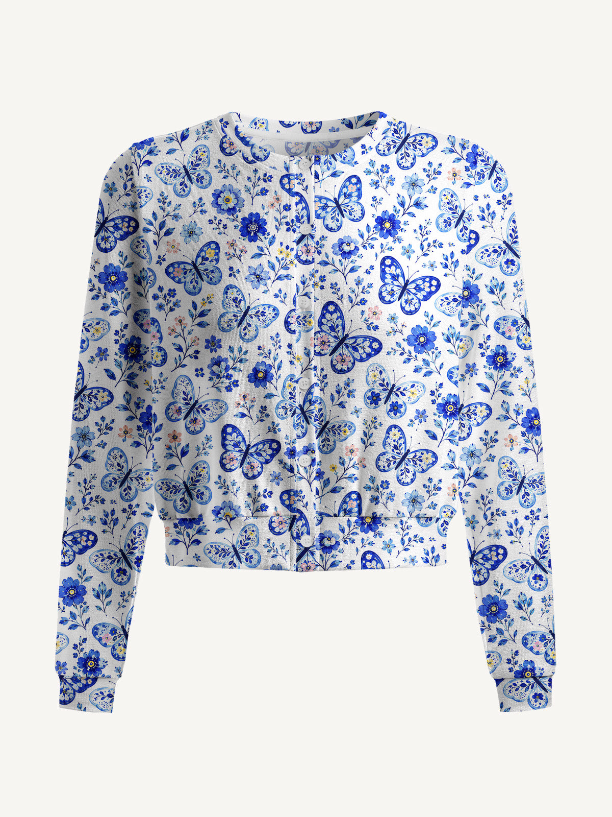 Lightweight Crew Neck Long‑Sleeve Cropped Delft Blue Butterfly Floral Print Fine‑Knit Cardigan