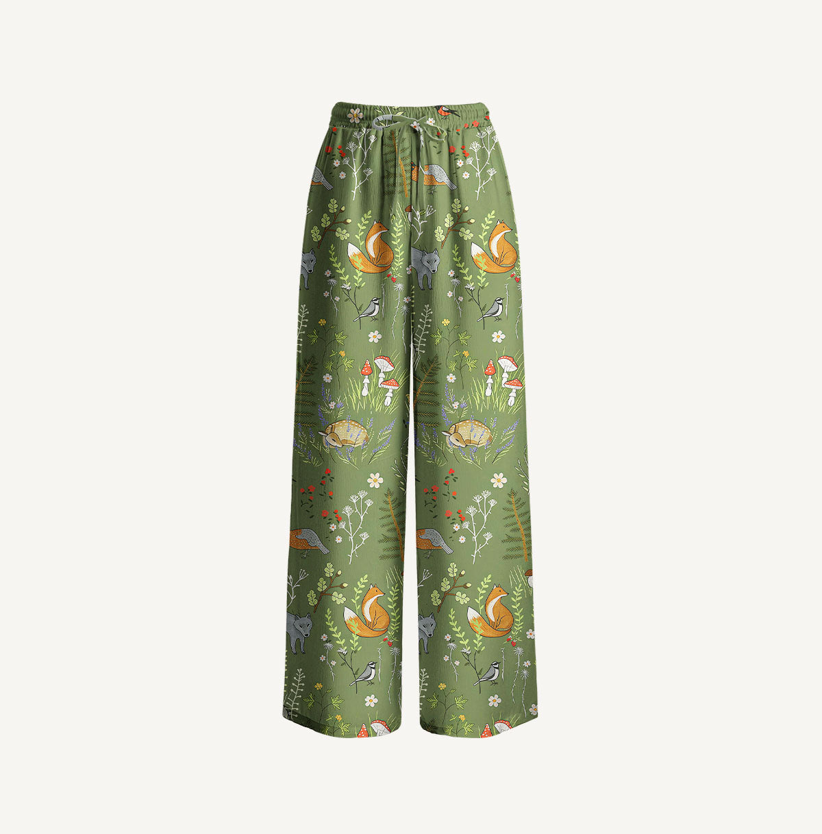 Whimsical Woodland Animals Print Wide Leg Tie Waist Pants With Pockets