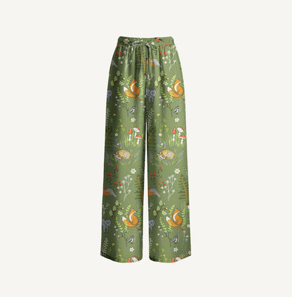 Whimsical Woodland Animals Print Wide Leg Tie Waist Pants With Pockets