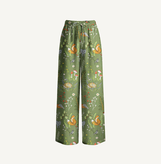 Whimsical Woodland Animals Print Wide Leg Tie Waist Pants With Pockets