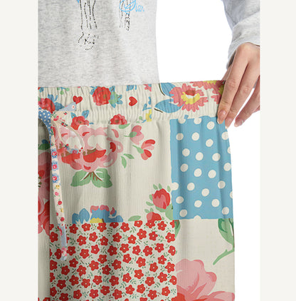 Pastel Patc Print Wide Leg Tie Waist Pants With Pockets