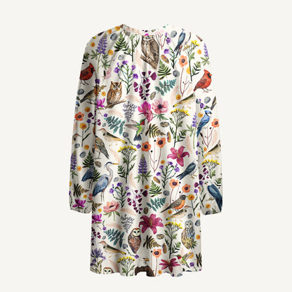 Whimsical Woodland Birds Wildflowers Print Boho Tie‑Neck Smock Mini Dress