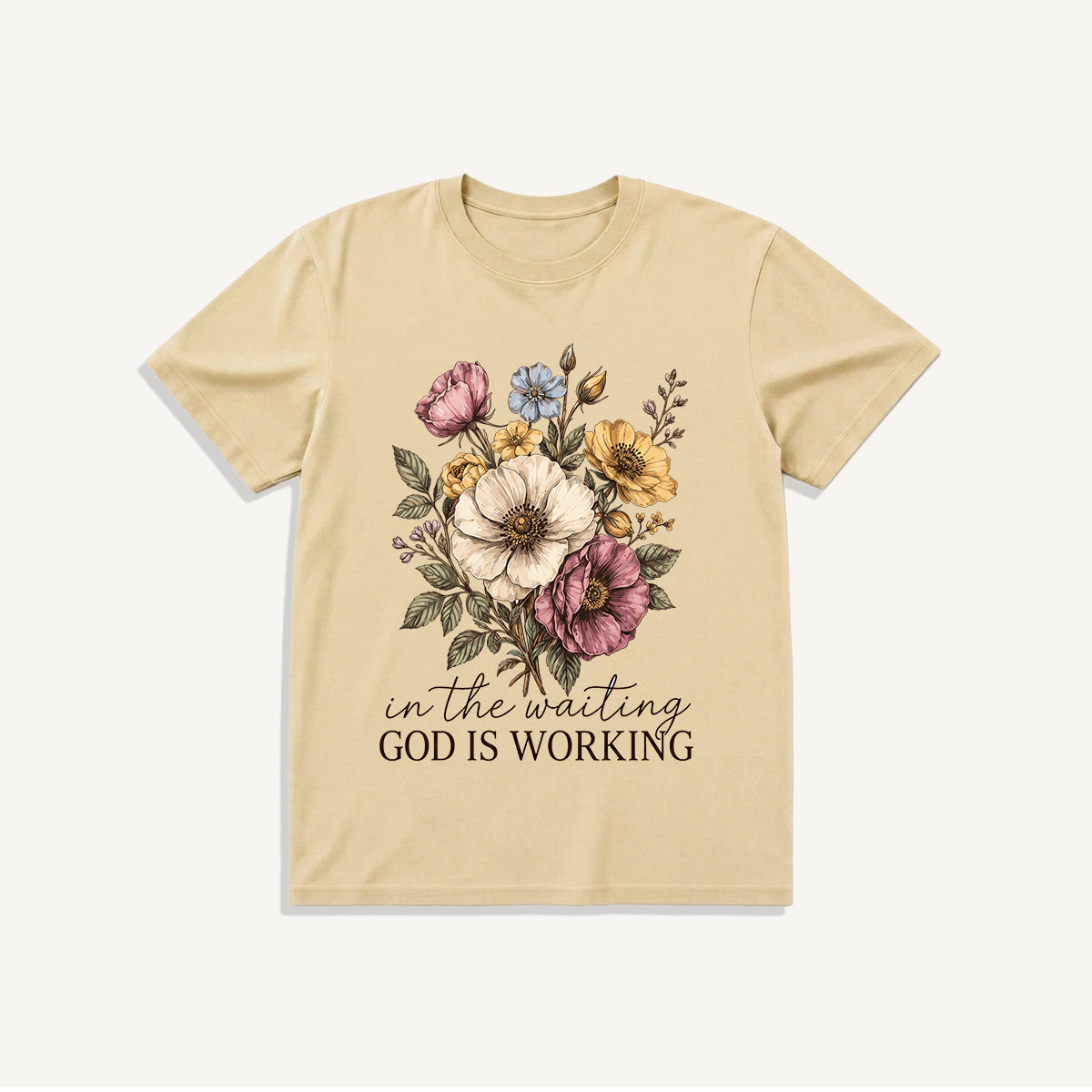 Vintage Wildflowers Bouquet Print Crew Neck Cotton Tee