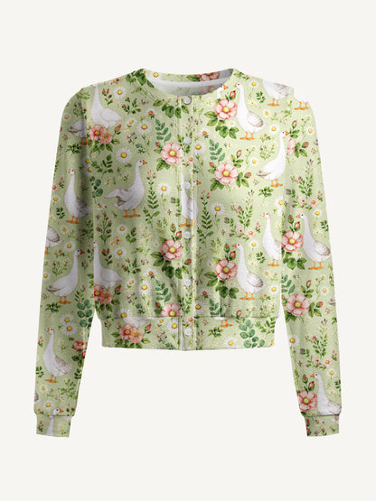 Lightweight Crew Neck Long‑Sleeve Cropped Pastoral Goose Garden Print Fine‑Knit Cardigan