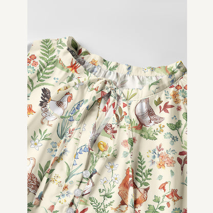 Countryside Garden Critter Print Boho Long Sleeve Tie‑Neck Smock Mini Dress