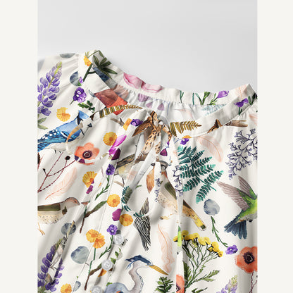 Whimsical Woodland Birds Wildflowers Print Boho Tie‑Neck Smock Mini Dress