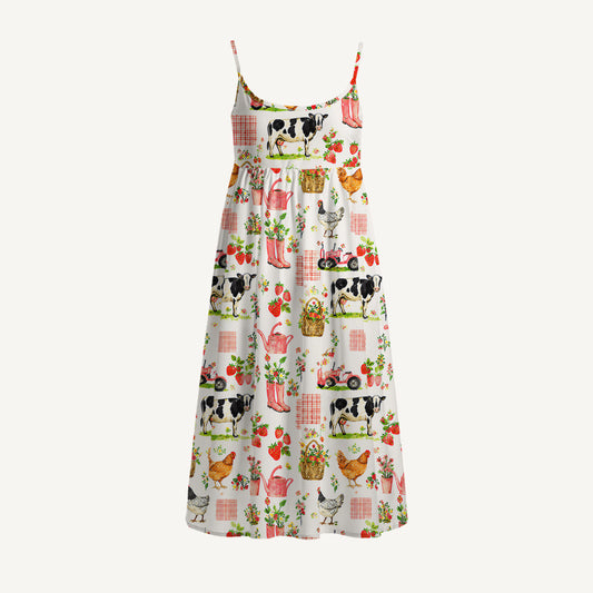 Watercolor Pink Farm Cow Chicken Print Spaghetti Strap Mini Dress