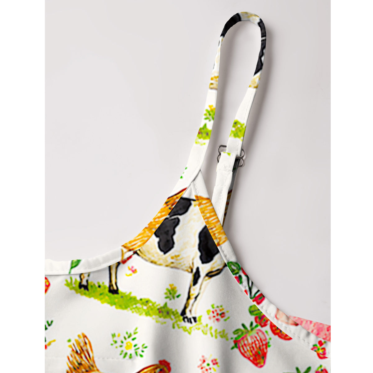 Watercolor Pink Farm Cow Chicken Print Spaghetti Strap Mini Dress