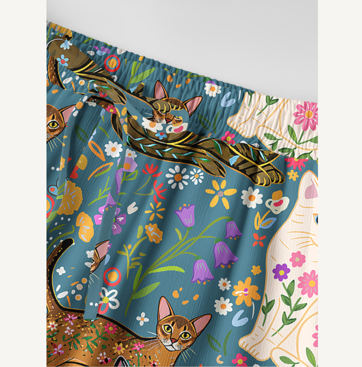 Colorful Garden Cat Pattern Print Wide Leg Tie Waist Pants With Pockets