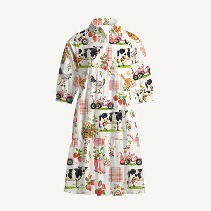 V Neck Collared Watercolor Pink Farm Cow Chicken Mini Dress For Women With Pockets