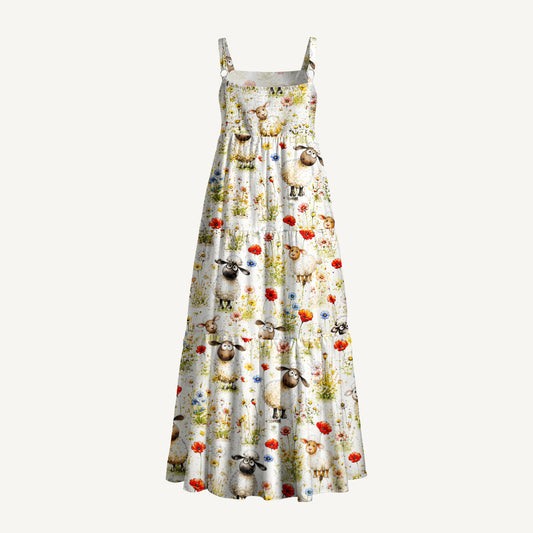 Whimsical Sheep Clipart Print Wide Straps Maxi Dress With Pockets