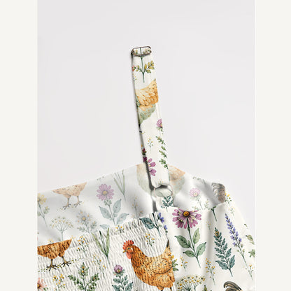 Watercolor Chickens Leaves Print Wide Straps Maxi Dress With Pockets