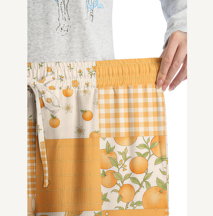 Lemon Sunshine Patchwork Print Wide Leg Tie Waist Pants With Pockets
